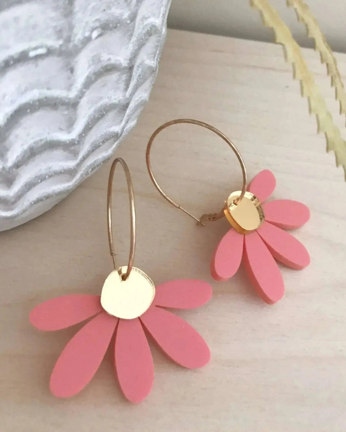 Jumbo Daisy Hoop Earrings in Pastel Raspberry &amp; Gold by Foxie Collective