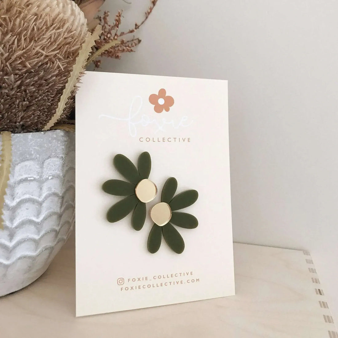 Handmade Jumbo Daisy Stud Earrings in Olive Green &amp; Gold by Foxie Collective