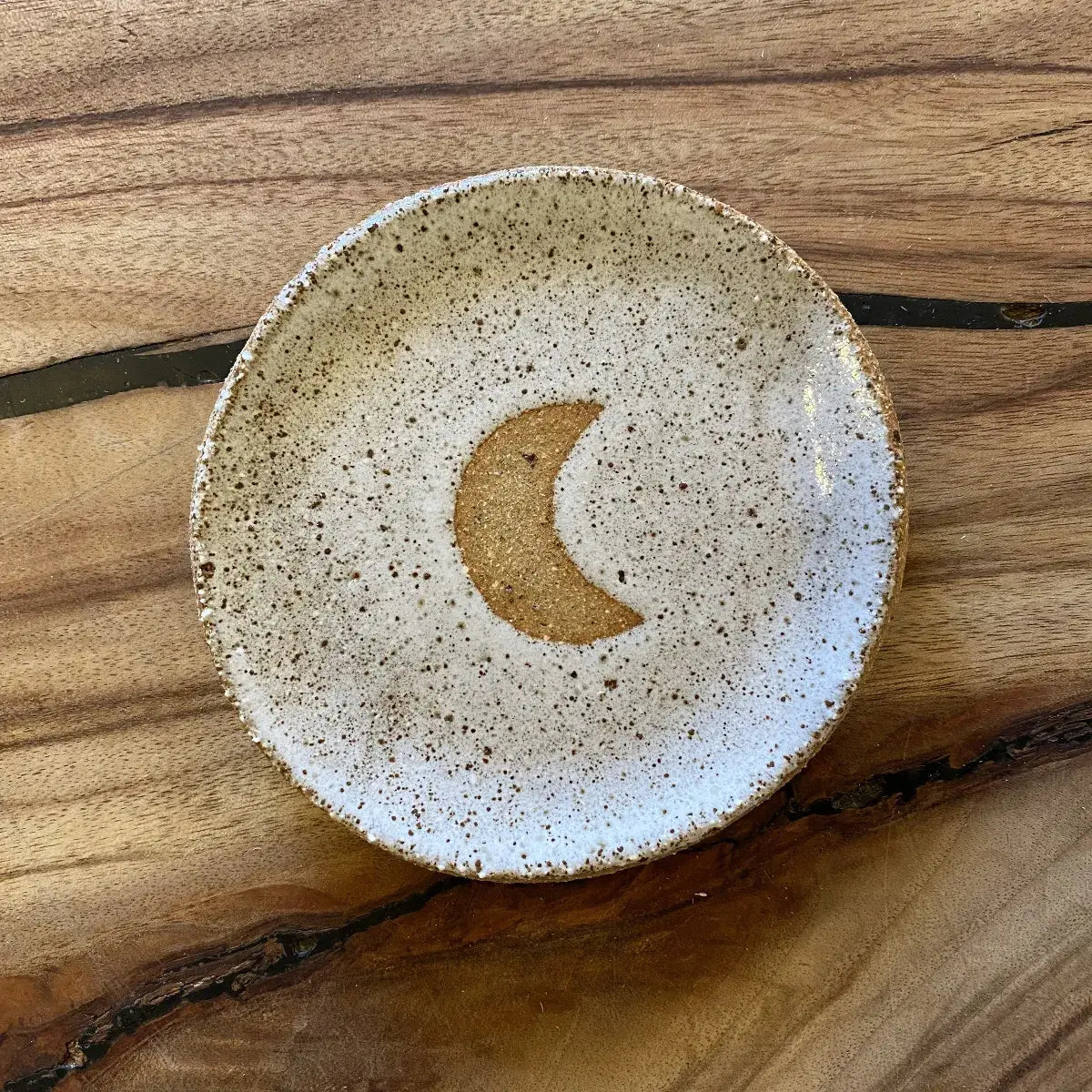 Handmade ceramic moon trinket dish by Heiani Studio in white speckled clay