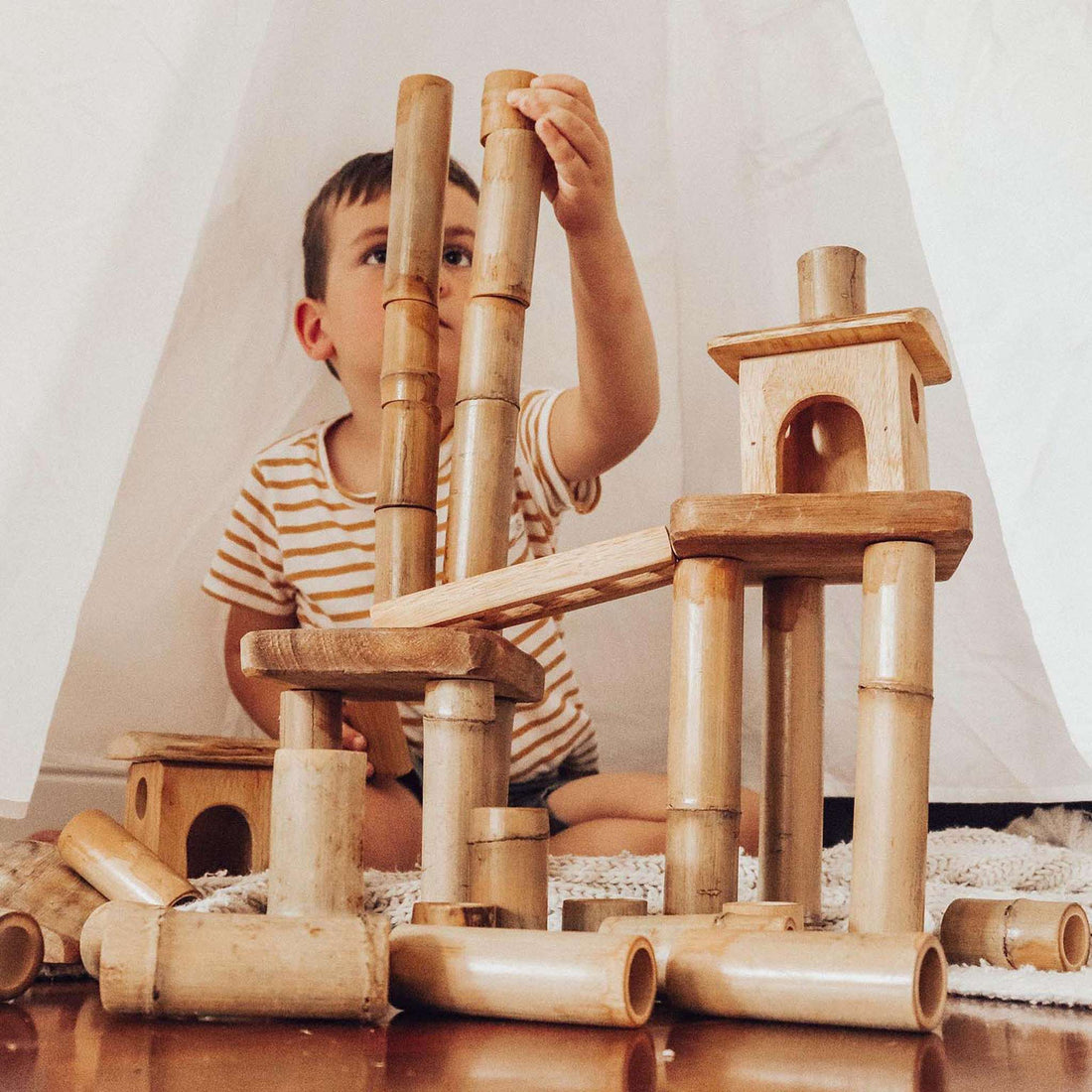 Bamboo Wooden Toy Building Block Set with Houses