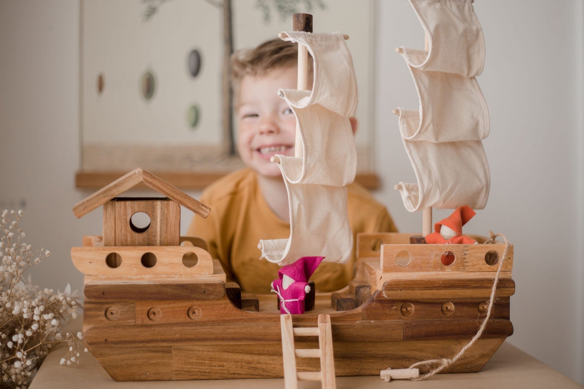 qtoys wooden pirate ship wood toy with gnomes and child playing