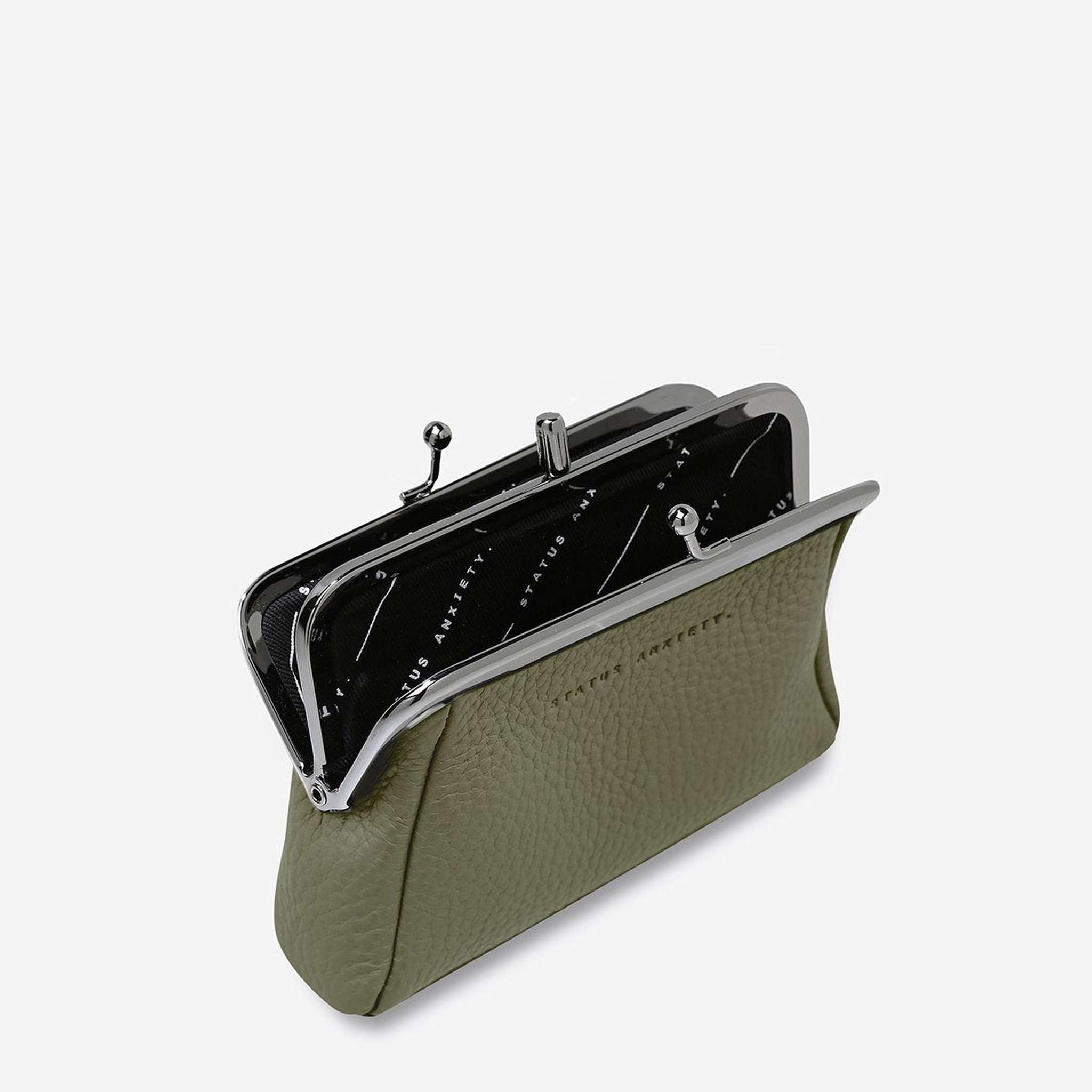 status anxiety volatile wallet purse in khaki green open view