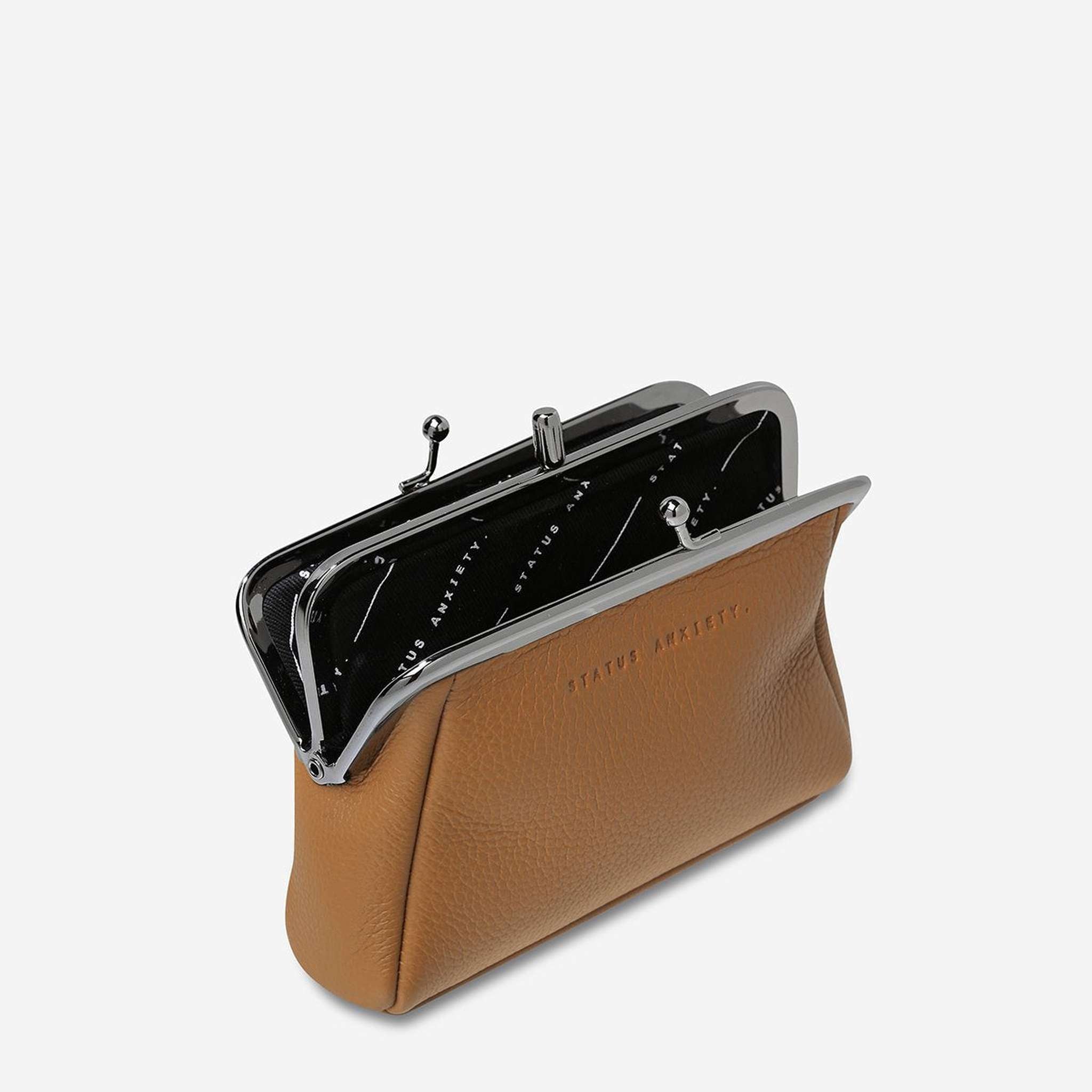status anxiety volatile wallet purse in tan open view