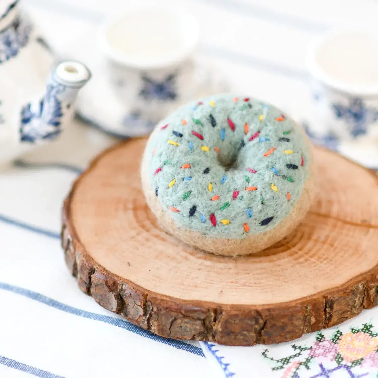 Felt Donut (Doughnut) by Tara Treasures for pretend kitchen play, with Blue Vanilla Frosting &amp; Rainbow Sprinkles