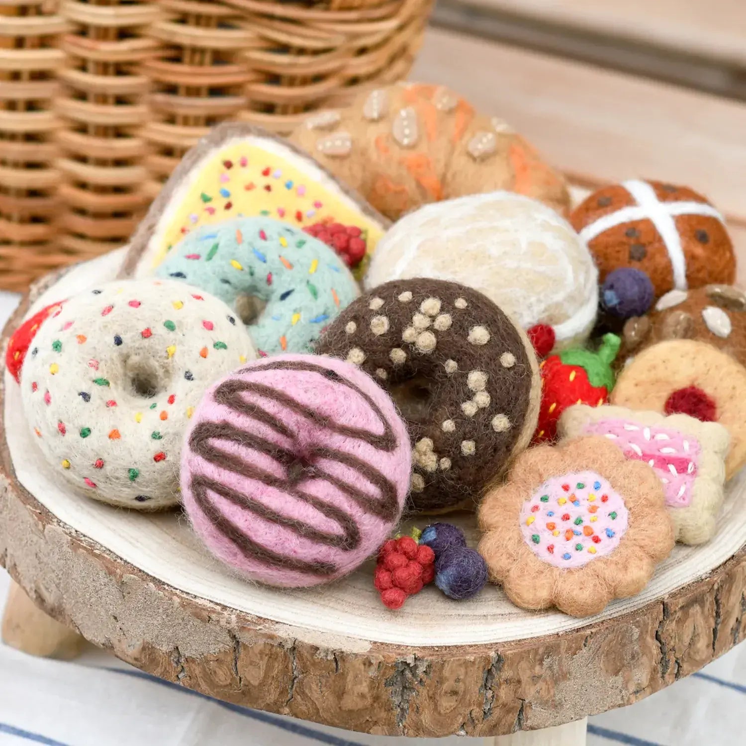 Felt Donut (Doughnut) by Tara Treasures for pretend kitchen play, with Blue Vanilla Frosting &amp; Rainbow Sprinkles 